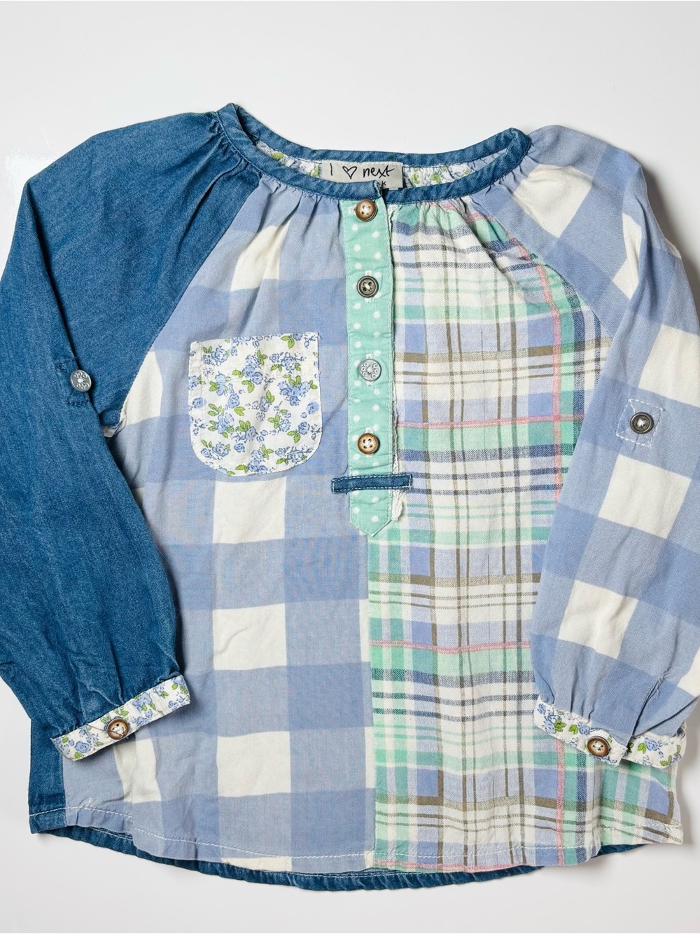 Next Boutique Mixed-Media Patchwork Denim Gingham Plaid Blouse Cottagecore 12-18
